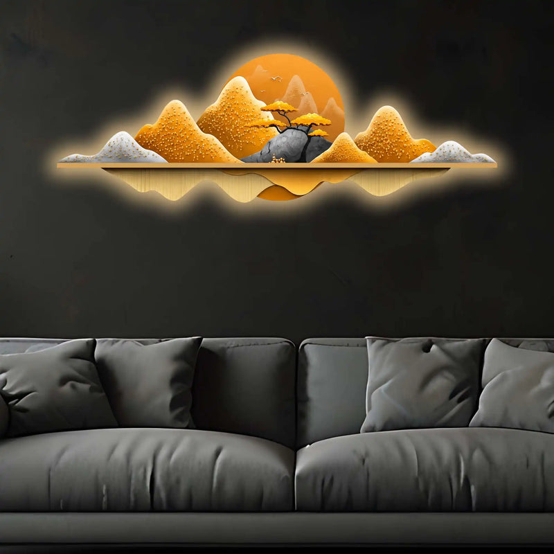 Golden Horizon Mountain Crystal Glass Backlit LED Painting