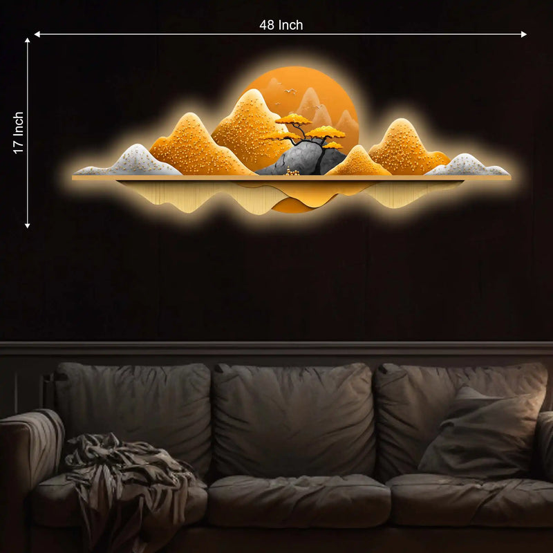 Golden Horizon Mountain Crystal Glass Backlit LED Painting