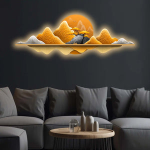 Golden Horizon Mountain Crystal Glass Backlit LED Wall Art