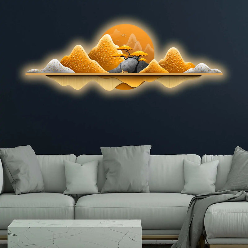 Golden Horizon Mountain Crystal Glass Backlit LED Wall Art