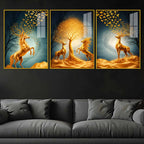 Golden Horse and Deer Acrylic Floating Frame Wall Painting Set of 3