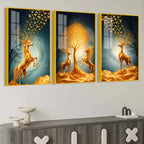 Golden Horse and Deer Acrylic Floating Frame Wall Painting Set of 3