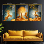Golden Horse and Deer Acrylic Floating Frame Wall Painting Set of 3