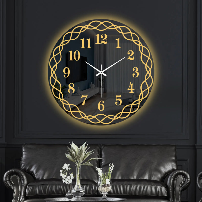 Golden Interwoven Loop LED Mirror Wall Clock with Warm Backlight