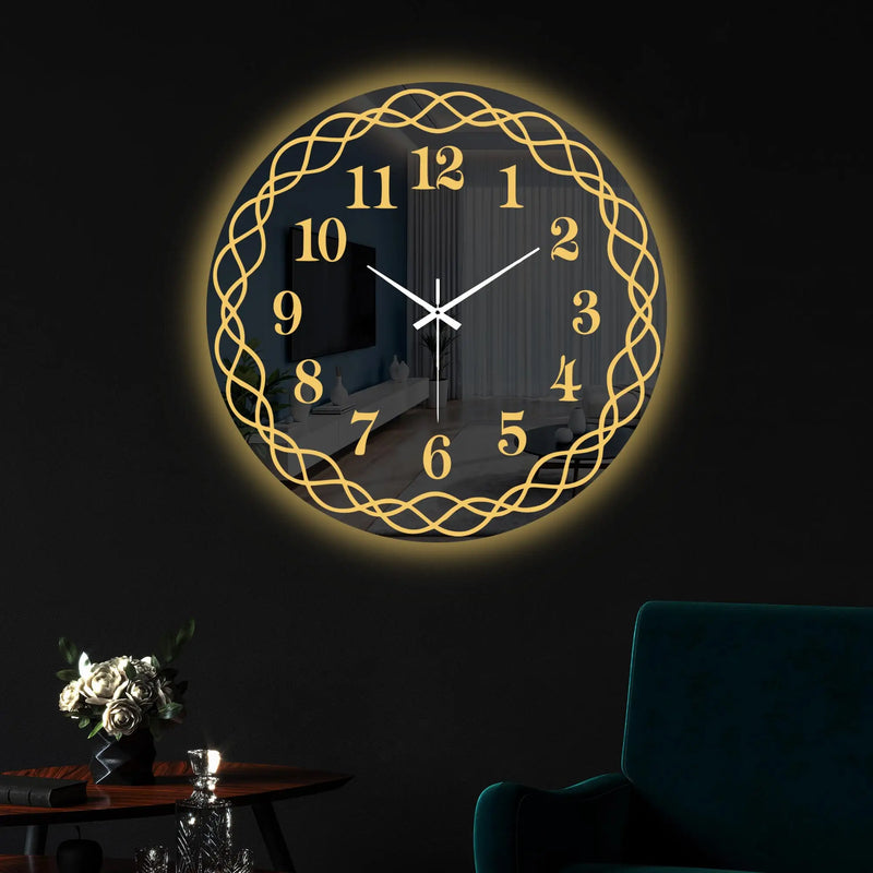 Golden Interwoven Loop LED Mirror Wall Clock with Warm Backlight