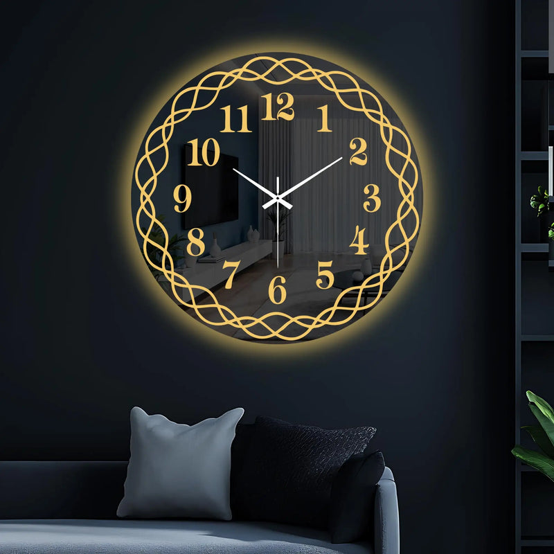 Golden Interwoven Loop LED Mirror Wall Clock with Warm Backlight