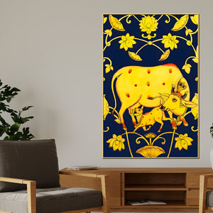 golden-kamdhenu-cow-calf-folk-art-canvas-painting-for-home