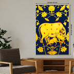 Golden Kamdhenu Cow & Calf Folk Art Canvas Painting for Home