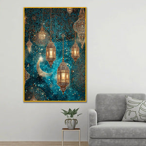 Golden Lanterns & Crescent Moon Floating Frame Crystal Wall Painting