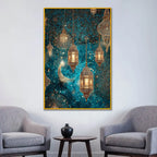 Golden Lanterns & Crescent Moon Floating Frame Crystal Wall Painting