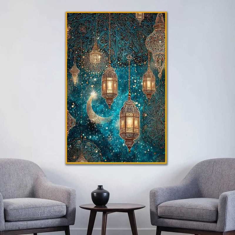Golden Lanterns & Crescent Moon Floating Frame Crystal Wall Painting