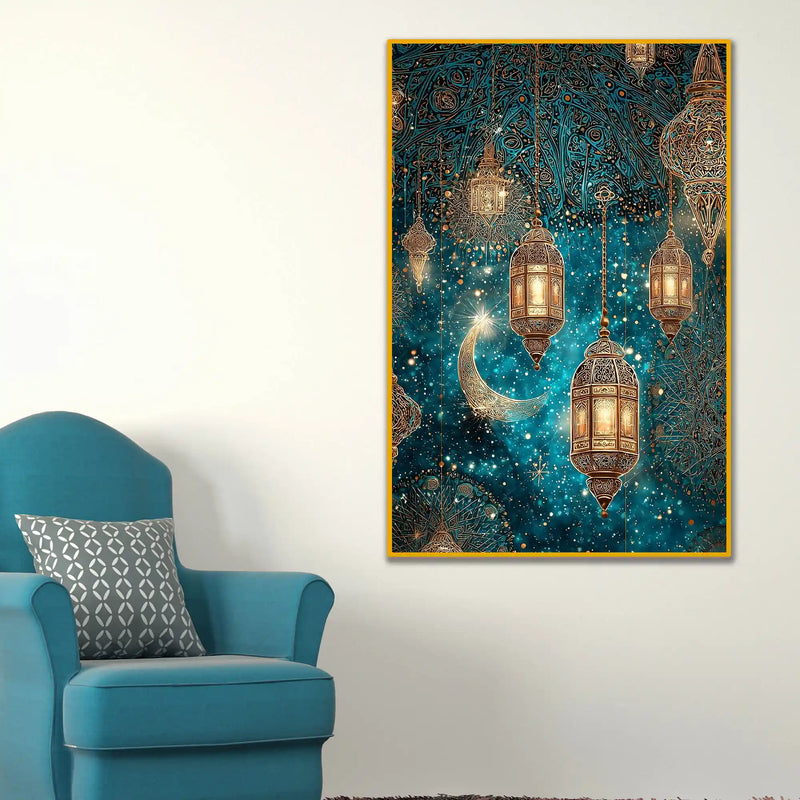 Golden Lanterns & Crescent Moon Floating Frame Crystal Wall Painting