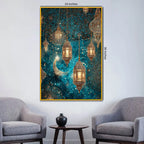 Golden Lanterns & Crescent Moon Floating Frame Crystal Wall Painting