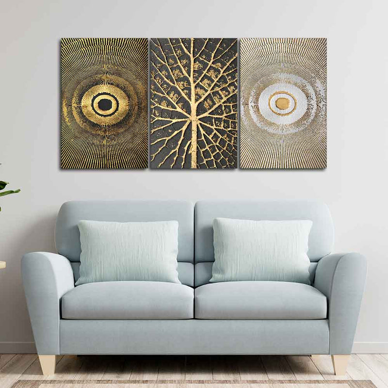 Golden Leaf and 3D Design Wall Painting of 3 Pieces