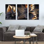 Golden Leaf Flower Floating Canvas Wall Painting Set of Three