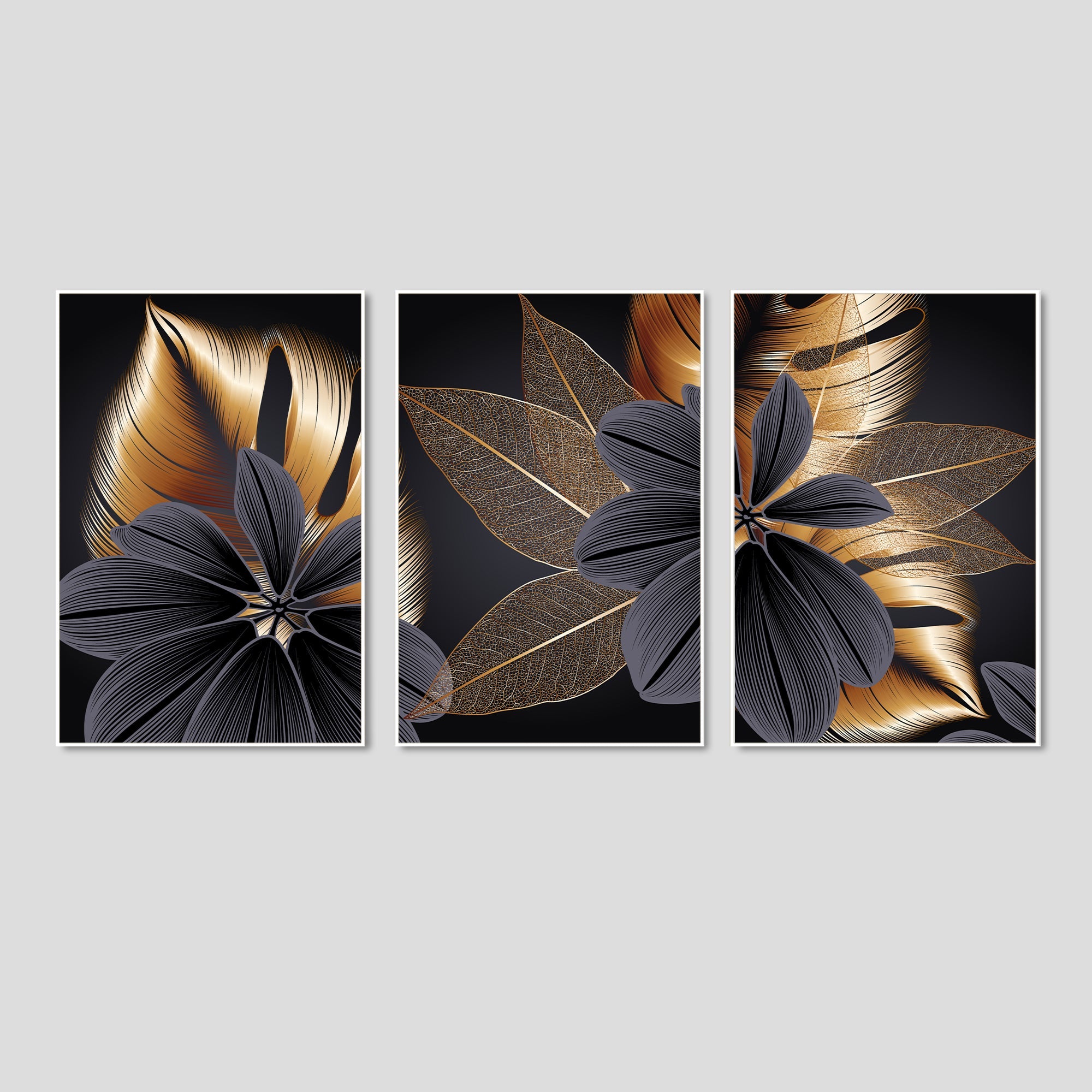 Golden Leaf Flower Floating Canvas Wall Painting Set of Three