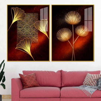 Golden Leaf Symphony Modern Acrylic Floating Wall Painting Set of 2
