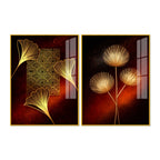 Golden Leaf Symphony Modern Acrylic Floating Wall Painting Set of 2