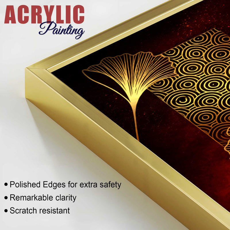Golden Leaf Symphony Modern Acrylic Floating Wall Painting Set of 2