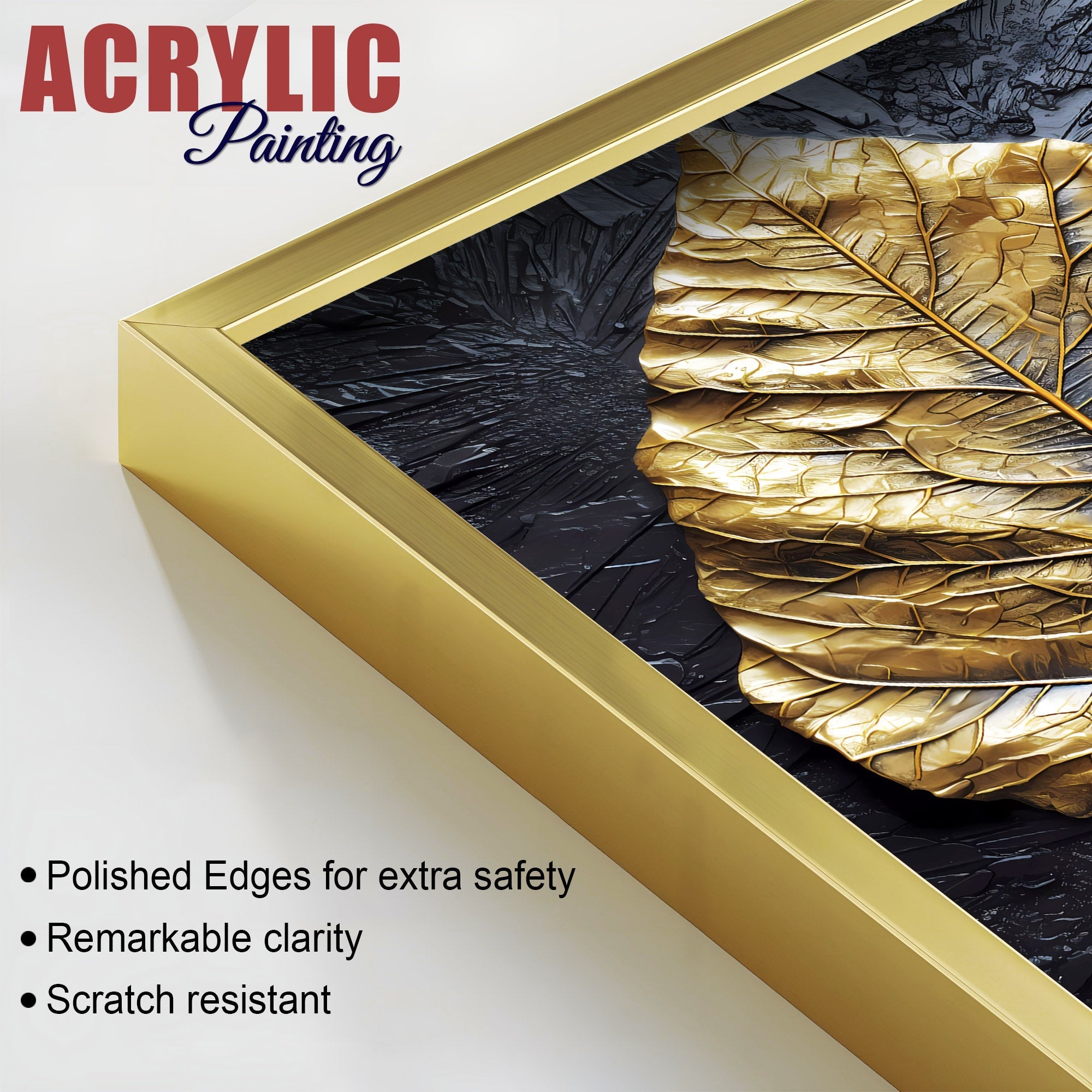 Golden Leaf Textured Impasto Layers Acrylic Floating Wall Painting Set Of 2