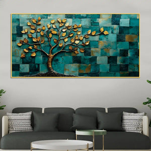 Golden Leaf Tree Abstract Canvas Painting for Living Room Décor