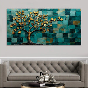 Golden Leaf Tree Abstract Canvas Painting for Living Room Décor