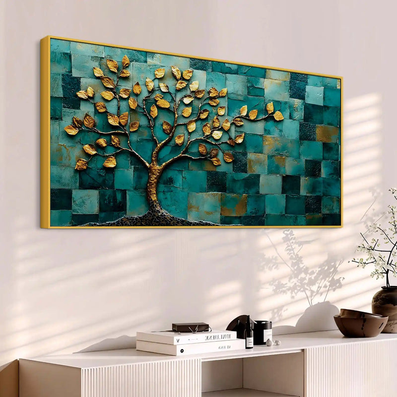 Golden Leaf Tree Abstract Canvas Painting for Living Room Décor