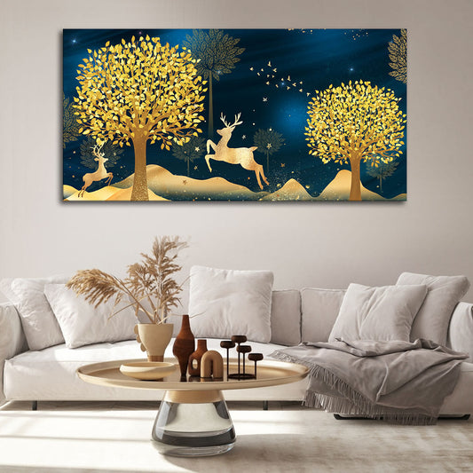 Golden Leaf Tree with Golden Deer Canvas wall Painting