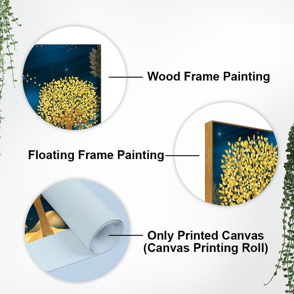 Golden Leaf Tree with Golden Deer Canvas wall Painting