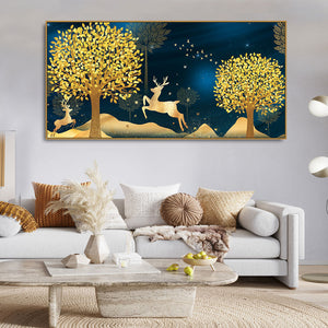 Golden Leaf Tree with Golden Deer Canvas wall Painting