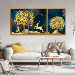 Golden Leaf Tree with Golden Deer Floating Canvas Wall Painting Set of Three