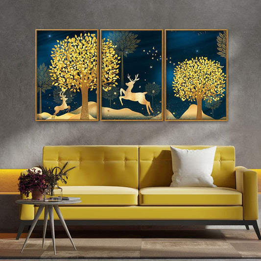 Golden Leaf Tree with Golden Deer Floating Canvas Wall Painting Set of Three