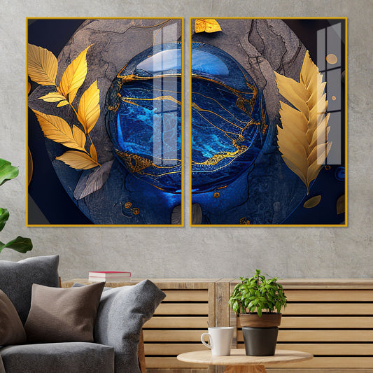 Golden Leaves Acrylic Floating Wall Painting Set of 2