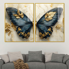 Golden Leaves & Aesthetic Butterfly Acrylic Floating Wall Painting Set of 2
