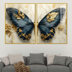 Golden Leaves & Aesthetic Butterfly Acrylic Floating Wall Painting Set of 2
