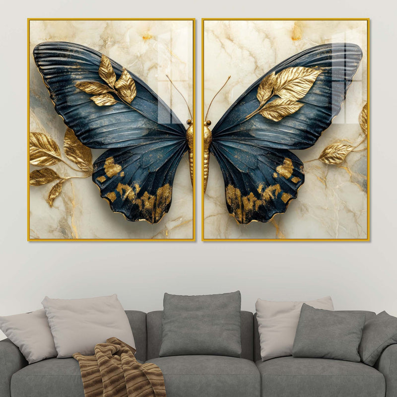 Golden Leaves & Aesthetic Butterfly Acrylic Floating Wall Painting Set of 2
