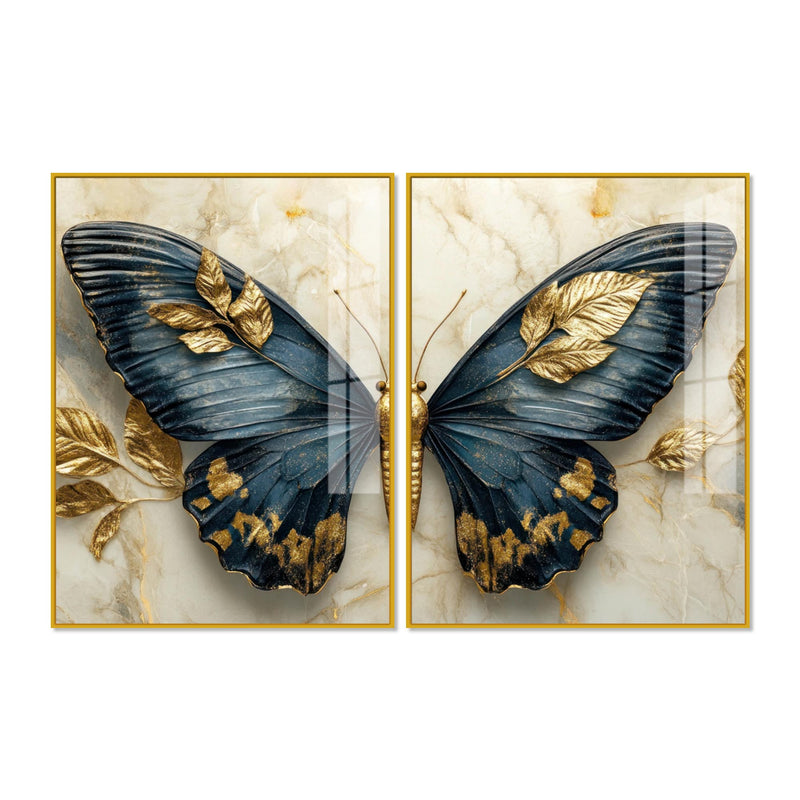 Golden Leaves & Aesthetic Butterfly Acrylic Floating Wall Painting Set of 2