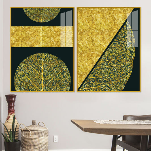 Golden Leaves and Line Art Acrylic Floating Wall Painting Set Of 2