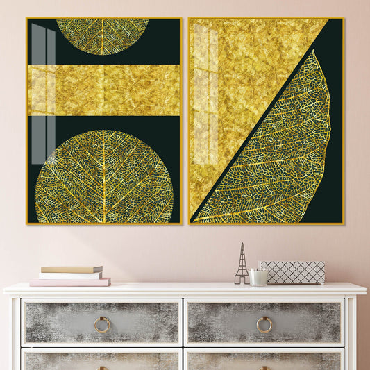 Golden Leaves and Line Art Acrylic Floating Wall Painting Set Of 2