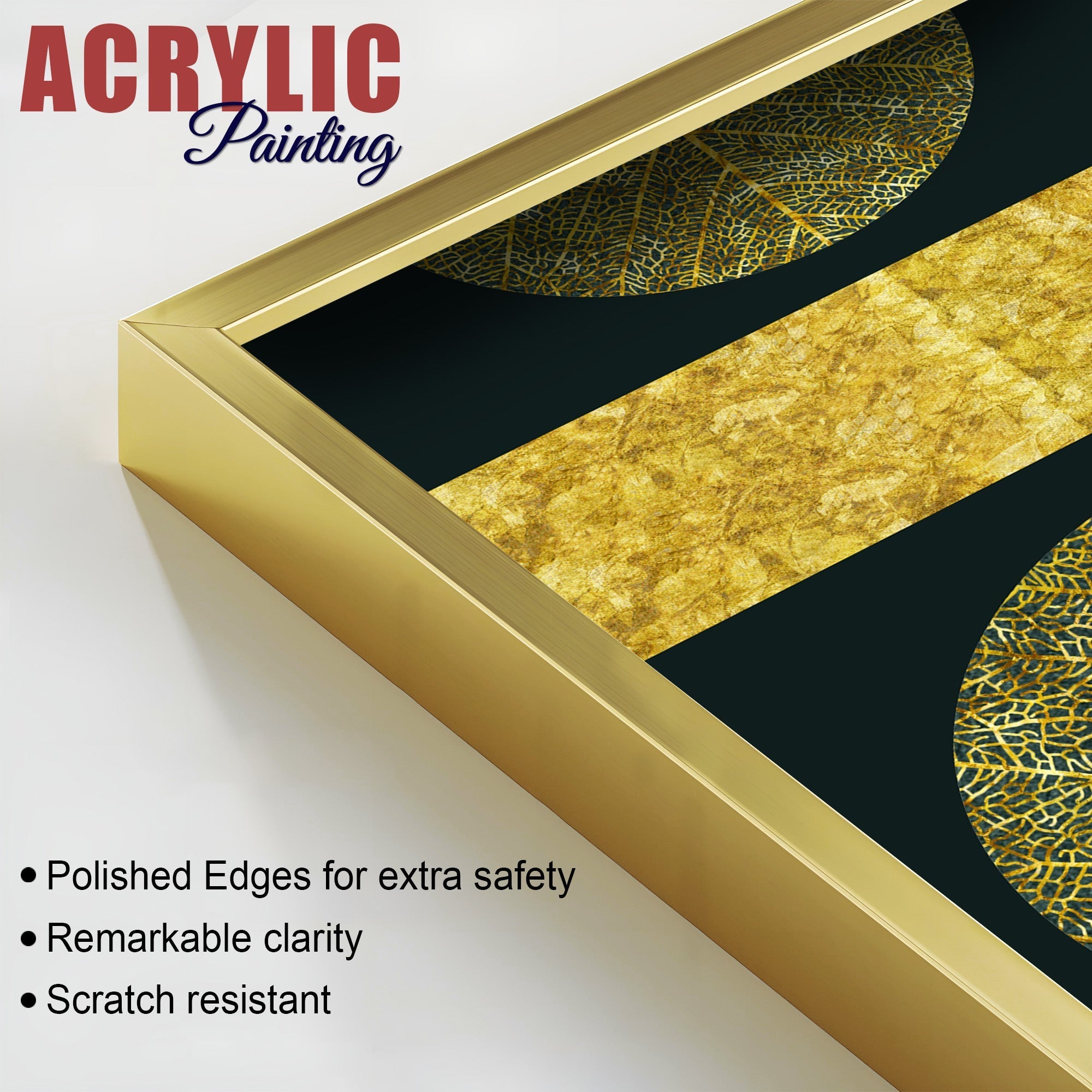 Golden Leaves and Line Art Acrylic Floating Wall Painting Set Of 2