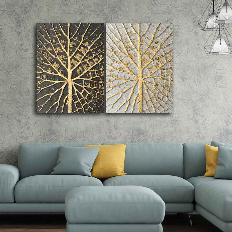 Golden Leaves Canvas Wall Painting of Two Pieces