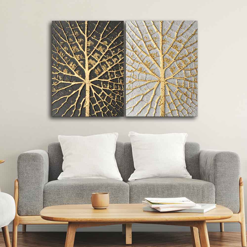 Golden Leaves Canvas Wall Painting of Two Pieces