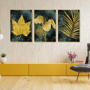 Golden Leaves Floating Canvas Wall Painting Set of Three