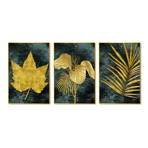 Golden Leaves Floating Canvas Wall Painting Set of Three