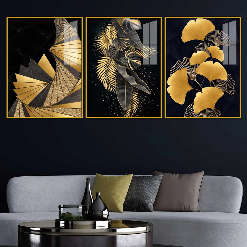 Golden Leaves of Luxury Acrylic Floating Frame Wall Painting Set of 3