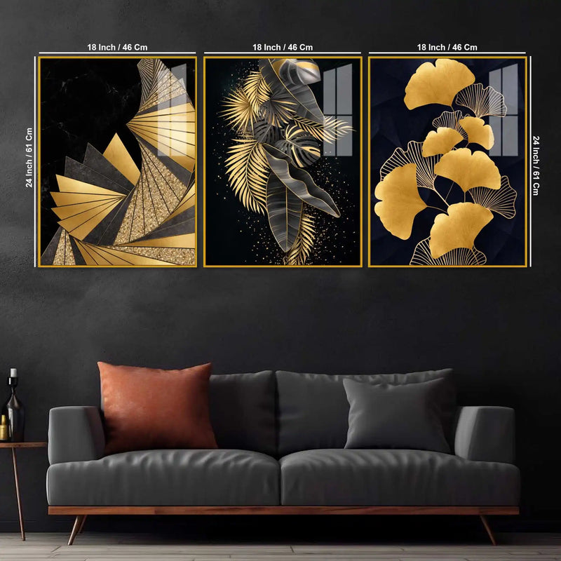Golden Leaves of Luxury Acrylic Floating Frame Wall Painting Set of 3