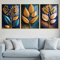 Golden Leaves of Serenity Acrylic Floating Frame Wall Painting Set of 3