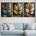 Golden Leaves of Serenity Acrylic Floating Frame Wall Painting Set of 3