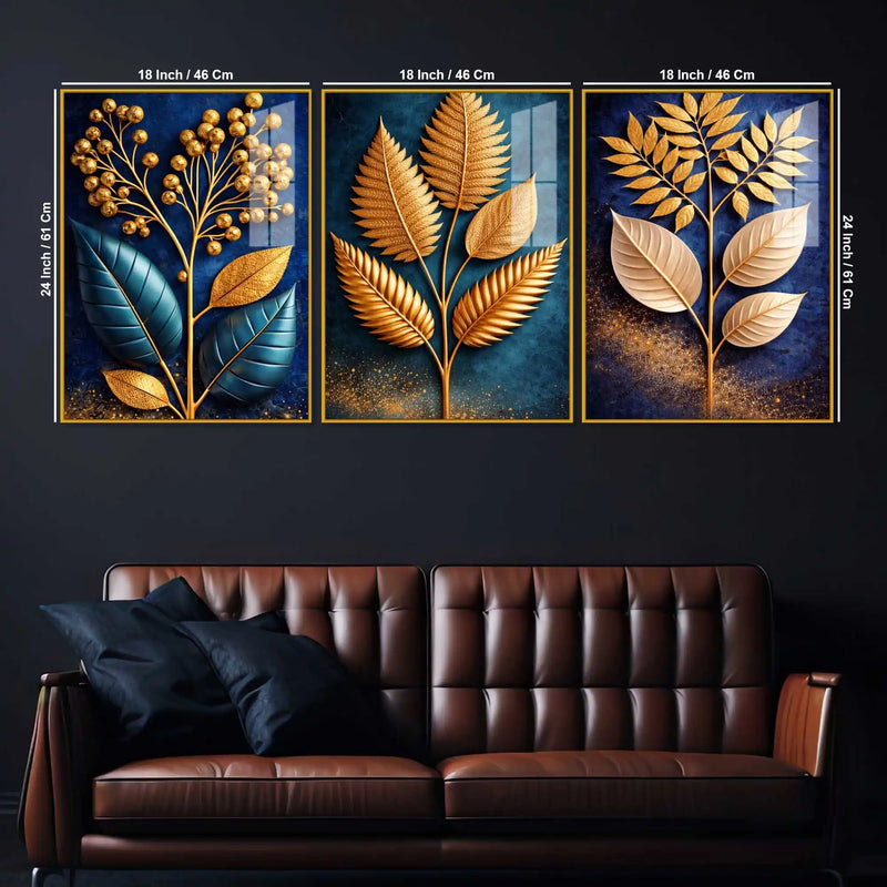 Golden Leaves of Serenity Acrylic Floating Frame Wall Painting Set of 3
