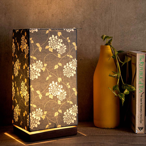 Golden Leaves Printed Table Lamp with Wooden Finish Base